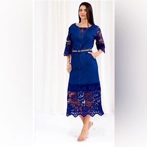 Chic Navy Denim 3/4 Sleeve Dress with beautiful lace detail.